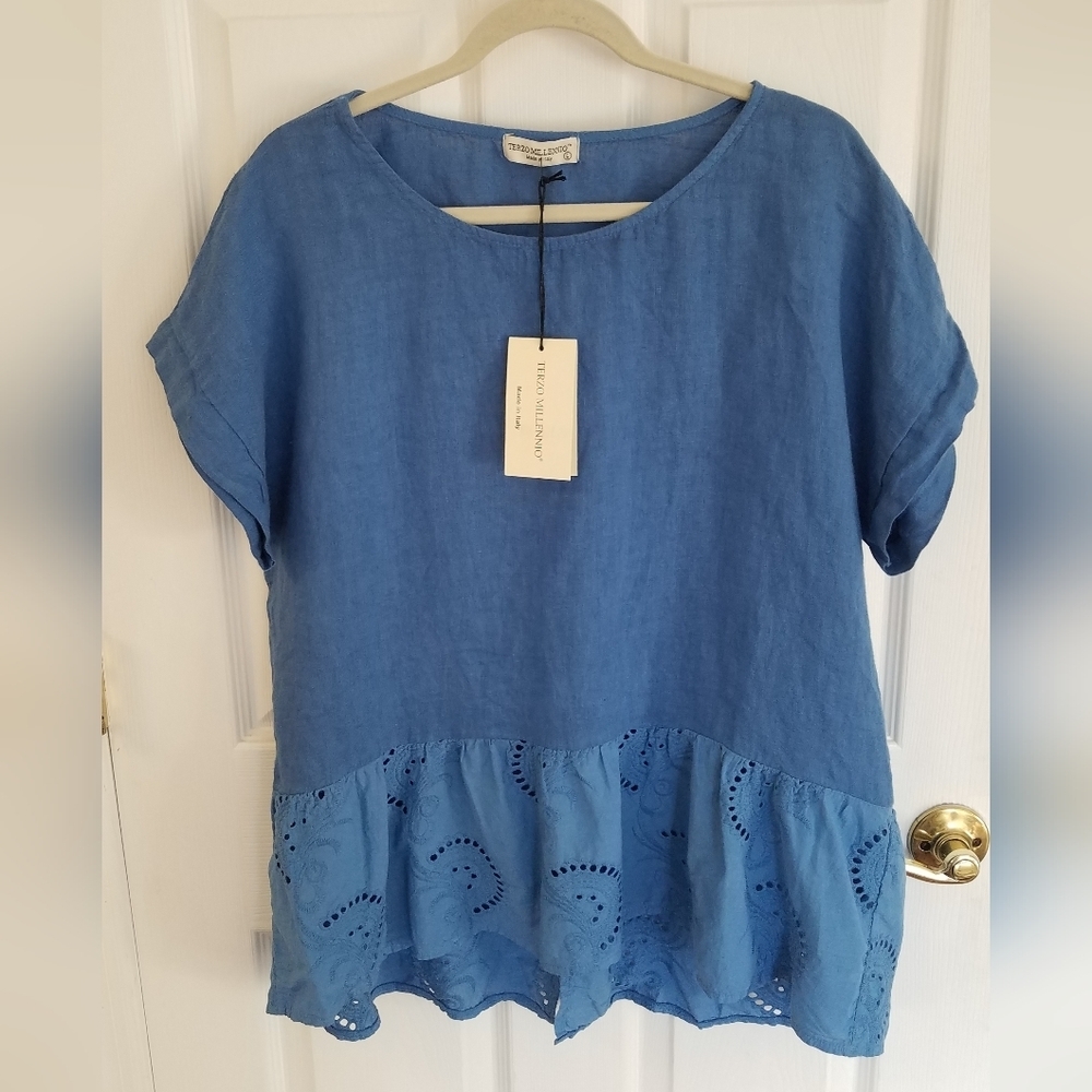 NWT Terzo Millennio Linen Embroidered  Top Blue Size 14 Large
